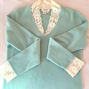 Neiman Marcus Cashmere Sweater - M - with Lace Trim- Tiffany Blue